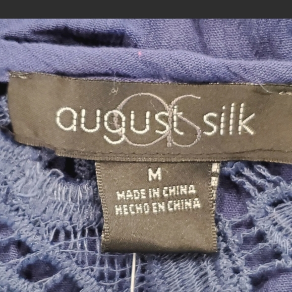 August Silk Top Vest Blue Tiered Crochet-Contrast Vest Open Front - Picture 7 of 8